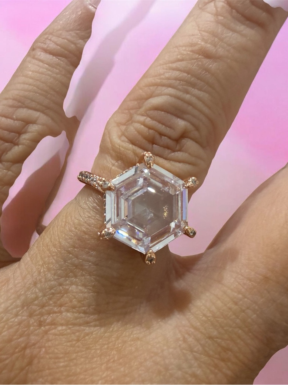 Hexagon-Cut Clear Crystal Ring in Rose Gold Tone - Women's Jewelry